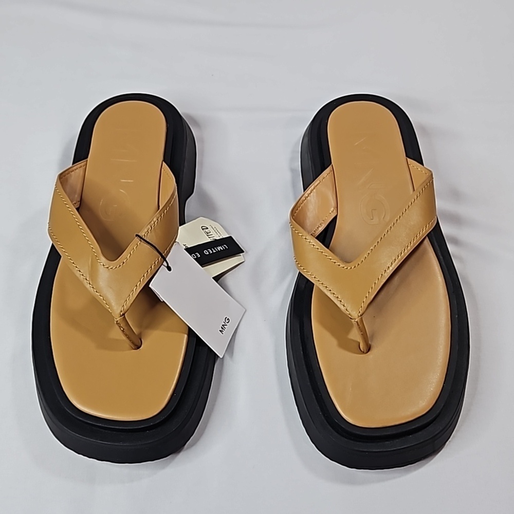 Mango Tan Leather Flip Flops Size 39 NWT